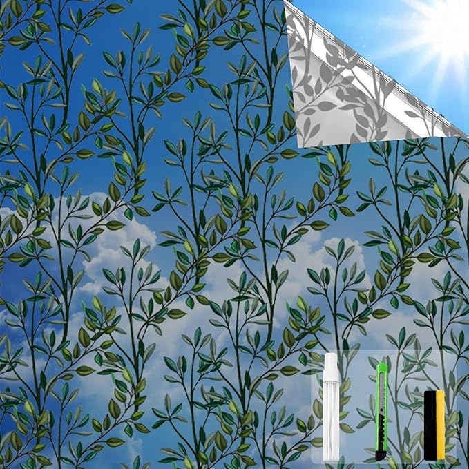 One Way Privacy Film, Window Tint for Home,Daytime Reflective, Anti UV Static Cling Sliding Door Coverings No Glue Garage Solar Paper (Black - Silver-Leaves, 45.27 x 157.4 in)