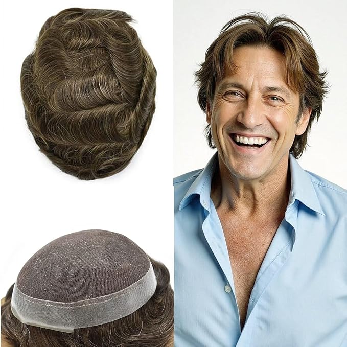 Toupee for Men French Lace Mens Toupee Human Hair Replacement Systems Lace Center with PU Around Hair Piece V-Looped Front Male Hair Prosthesis 7"X9" 4# MEDIUM BROWN