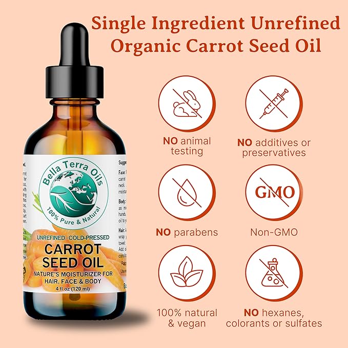 Bella Terra Oils - Organic Carrot Seed Oil 4 oz - Dive into Carotene's Natural Power, High in Essential Fatty Acids, Experience Luxurious Skin Nourishment