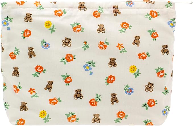 PAZIMIIK Floral Makeup Bag Large Cotton Zipper Pouch for Purse Travel Canvas Make Up Organizer for Women Cosmetic,Flower Bear White