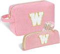 Personalized Initial Makeup Bag Trendy Stuff Corduroy Cosmetic Bag Travel Toiletry Bag for Women, Christmas/Thanksgiving/Halloween Gifts Makeup Organizer Case for Teen Girls Mom Girlfriend Wife - Pink