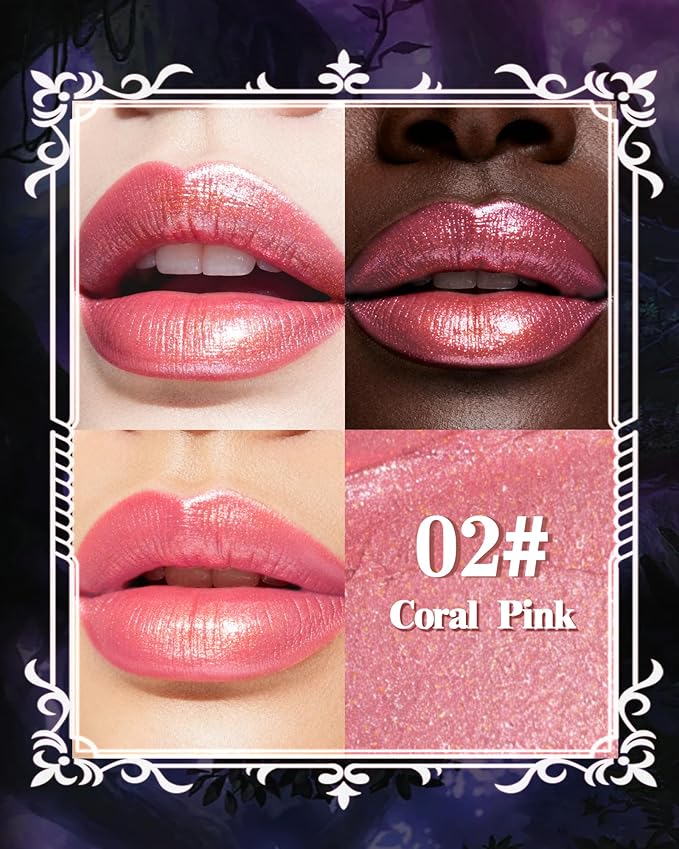 Glitter Metallic Shimmer Lipstick, Coral Pink Lipstick Long Lasting, Diamond High Pigmented Shiny Metallic Lip Stick, Non-sticky Sparkly Lipsticks for Women Christmas Makeup-02 Coral Pink
