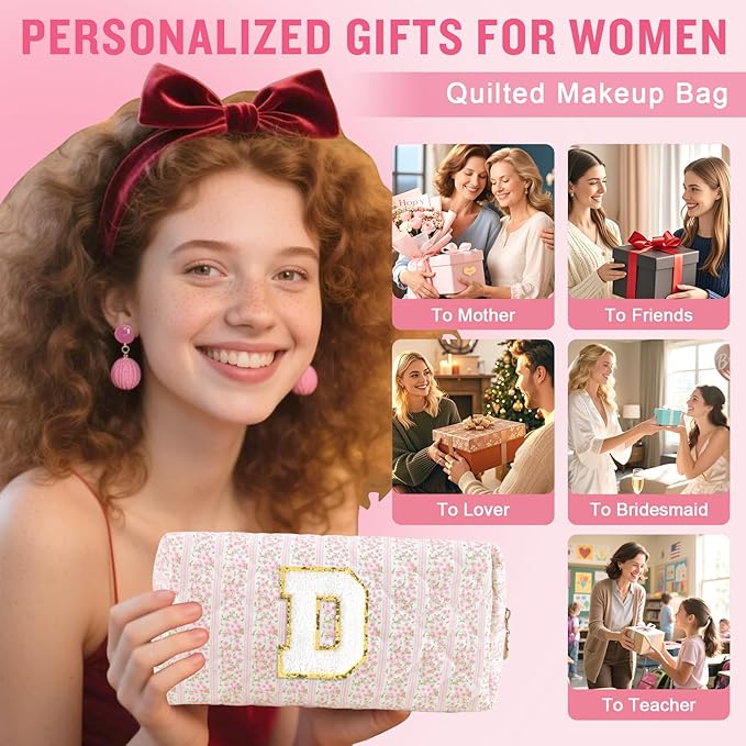 Personalized Quilted Cosmetic Bag, Puffy Monogrammed Christmas Birthday Gifts for Women & Girls, Cute initial Floral Makeup Bag Puffer Coquette Bag, Aesthetic Travel Toiletry Zipper Pouch(Pink,D)
