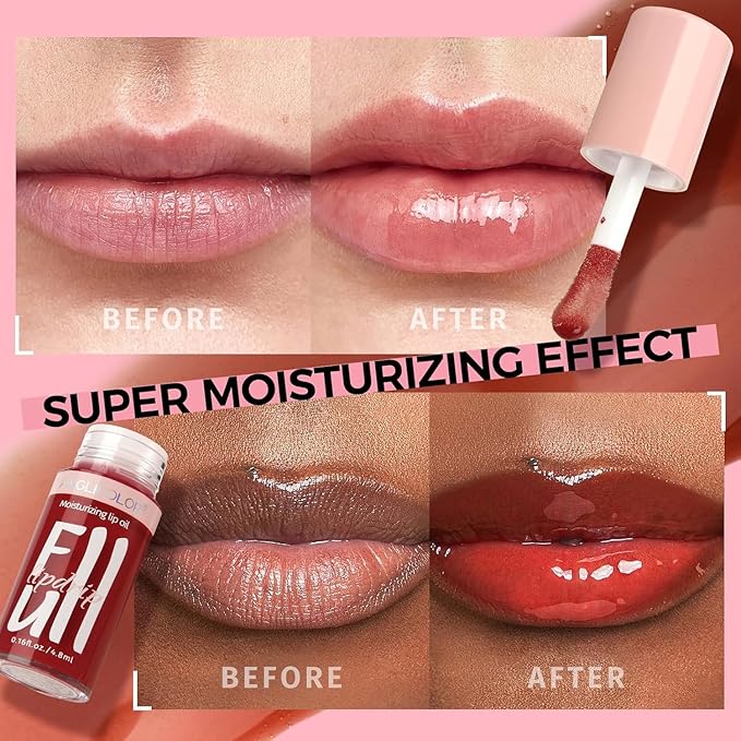 Anglicolor 2PC Lip Oil and Metallic Glitter Pink Lipstick,Natural Lip Plumper,Fruit Flavoured Lip Oil,For Dry Lip's Moisturizing Hydrating,Vegan & Cruelty-free (05 Athena+15)