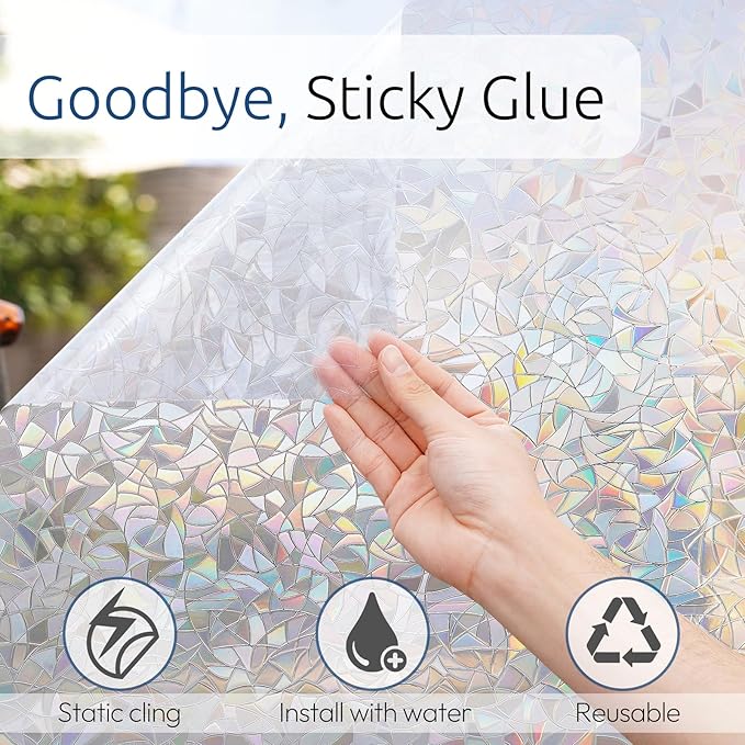 rabbitgoo Window Privacy Film Rainbow Film Decorative Window Sticker, 3D Static Stained Glass Cling Tint for Home Heat Control Non-Adhesive, 17.5 x 78.7 inches