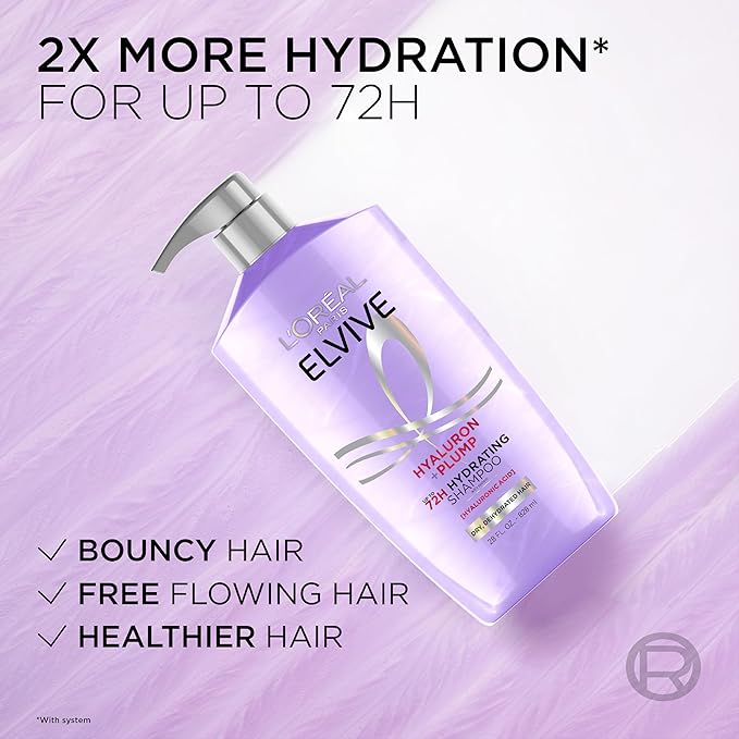 L'Oreal Paris Elvive Hyaluron Plump Shampoo and Conditioner Set for Dehydrated, Dry Hair with Hyaluronic Acid Care Complex, 1 Kit (2 Products)