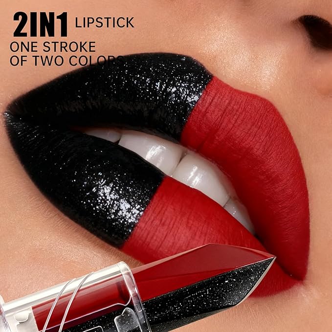 2 in 1 Matte Purple Lipstick Glitter Silver Lipstick Dual Sided Waterproof Lipsticks for Women One Stroke Two-Tone Long Lasting Lip Stick for Christmas Halloween, DU-M8