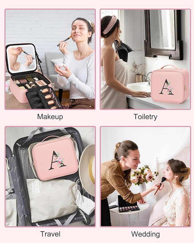 Relavel Initial Makeup Bag with LED Mirror for Women Girls, Personalized Travel Cosmetic Organizer Train Case, Birthday Gifts for Grandkids Bridesmaid Graduation Teacher Friends, Trendy Stuff, Pink R