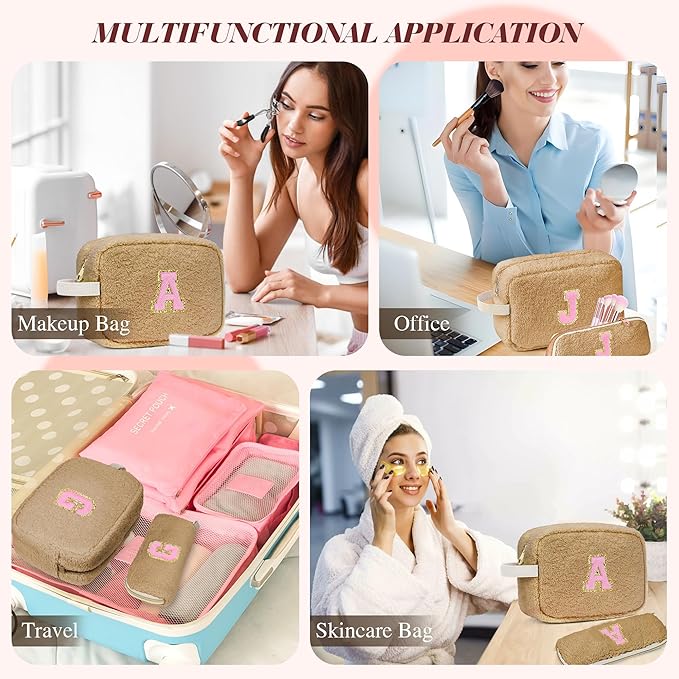 for Christmas Day Gifts, Personalized Initial Cosmetic Bag Pouch for Teen Girls, Preppy Makeup Travel Bags for Daughter Sister Girlfriend, Monogramed Make Up Pouch for Birthday Gifts - Brown R