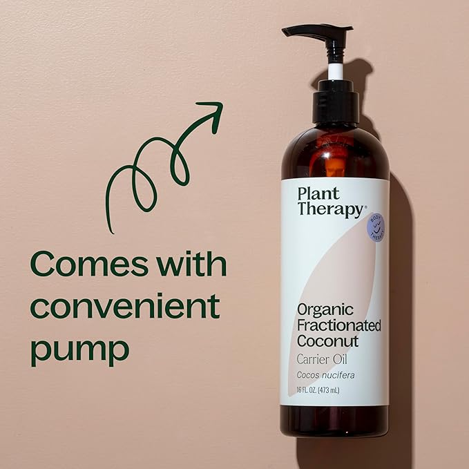 Plant Therapy Organic Fractionated Coconut Oil for Skin, Hair, Body 100% Pure, USDA Certified Organic, Natural Moisturizer, Massage & Aromatherapy Liquid Carrier Oil 16 oz