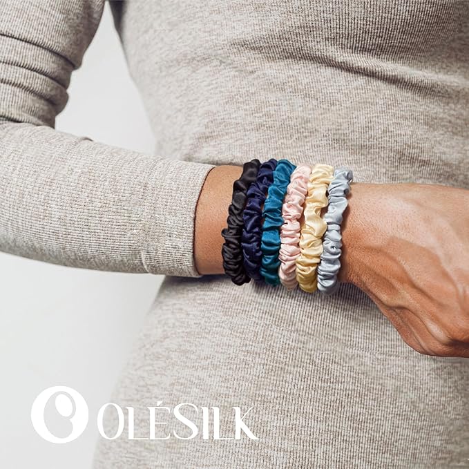 OLESILK Silk Hair Ties for Women: 100% Mulberry Skinny Silk Scrunchies, Soft Smooth No Damage No Crease for Thin Fine Curly Hair 5 Pack, Dark