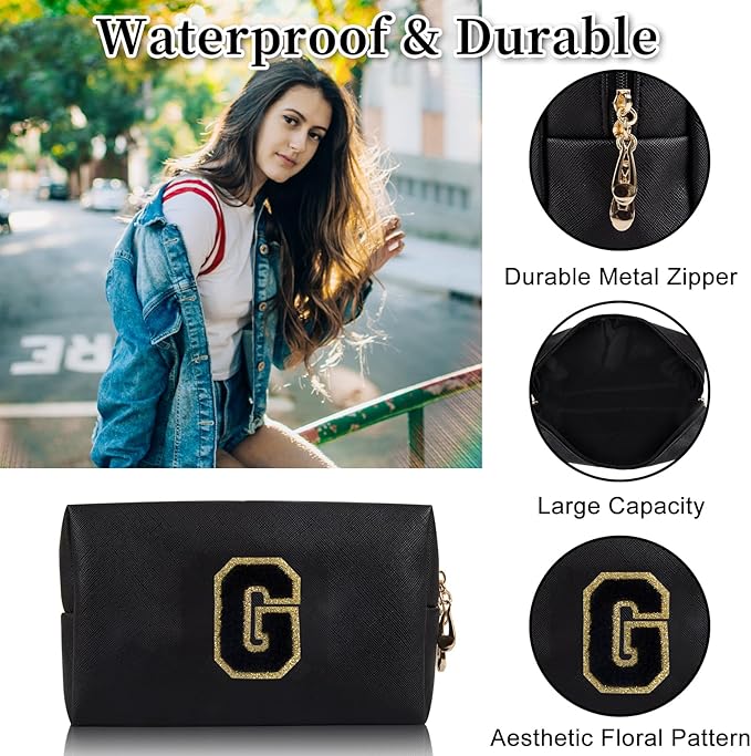 Iqimott Personalized Initial Letter Patch Makeup Bag Preppy Portable Chenille Letter Cosmetic Bag Zipper PU Leather Waterproof Travel Toiletry Bag Monogram Make Up Pouch Women Girls(Letter G)