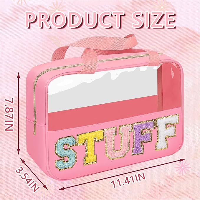Iqimott Chenille Letter Patch Stuff Bag, Preppy Clear Makeup Cosmetic Bag Large Toiletry Storage Tote Bag with Handle, Transparent Nylon Waterproof Organizer Zipper Pouch for Travel Women Girls(Pink)