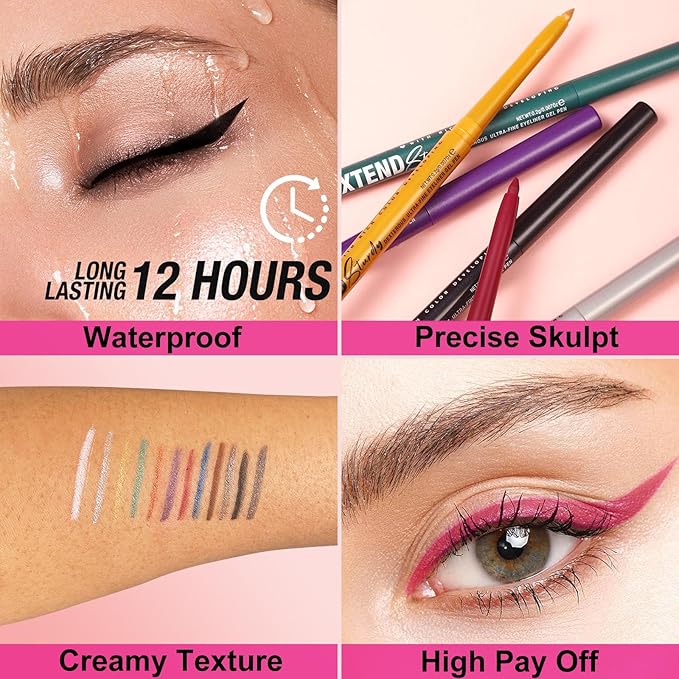 Black Shimmer Eyeliner Pencil Waterproof Retractable Black Gel Eyeliner Smudge-proof Hypoallergenic Makeup (12#)
