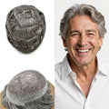 FACE MIRACLE Mens Toupee Lace Front Hairpieces Soft Human Hair Replacement System Natural Hairline Toupee for Men French Lace Poly V-Looped Mens hair Units 6"X8" #260 Darkest Brown with 60% Gray
