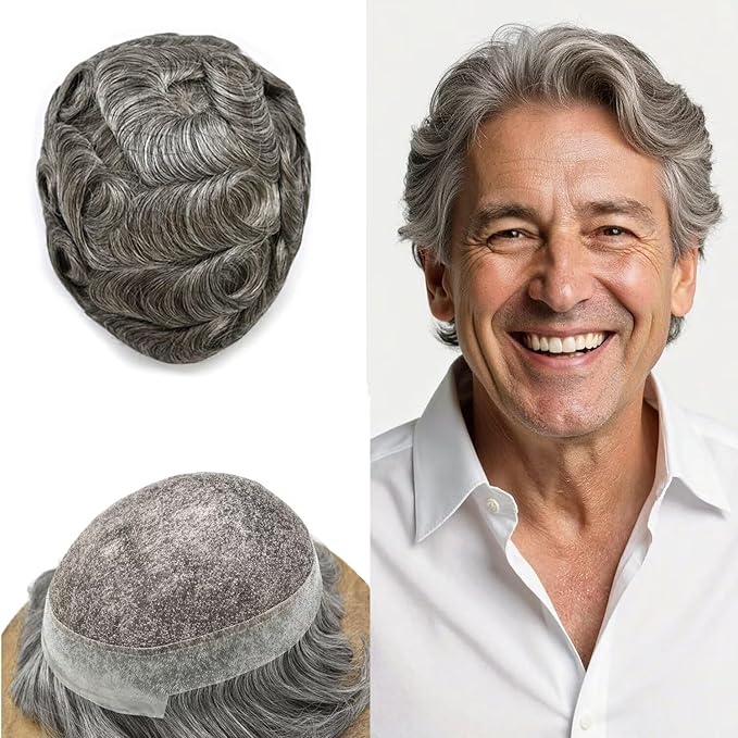 FACE MIRACLE Mens Toupee Lace Front Hairpieces Soft Human Hair Replacement System Natural Hairline Toupee for Men French Lace Poly V-Looped Mens hair Units 6"X8" #260 Darkest Brown with 60% Gray