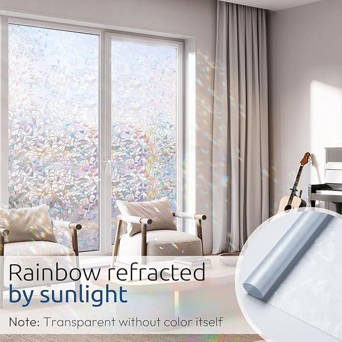 rabbitgoo Window Privacy Film Rainbow Film Decorative Window Sticker, 3D Static Stained Glass Cling Tint for Home Heat Control Non-Adhesive, 17.5 x 118.1 inches