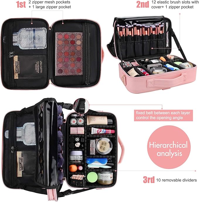 Relavel Makeup Bag Travel Makeup Train Case 13.8 inches Large Cosmetic Case Professional Portable Makeup Brush Holder Organizer and Storage with Adjustable Dividers and Shoulder Strap (Pink)