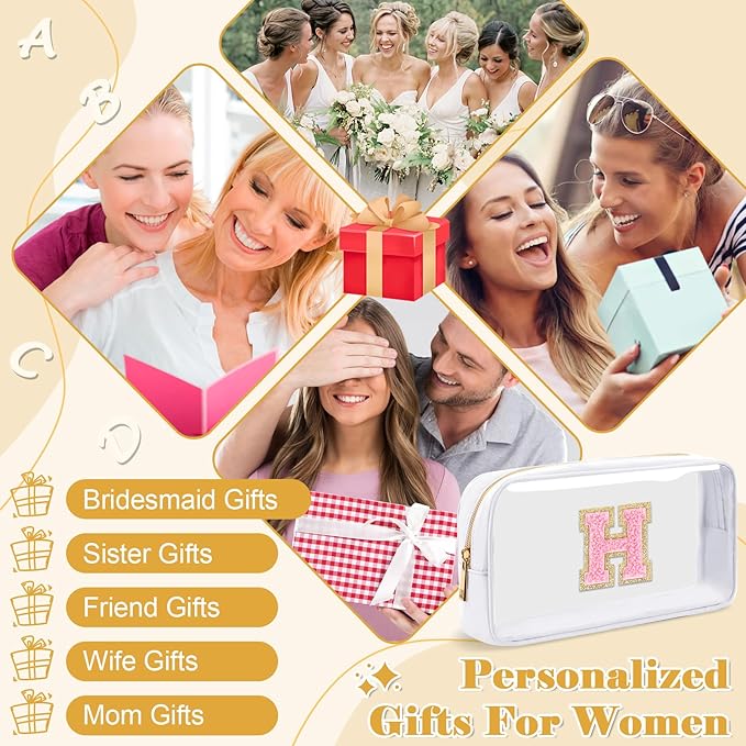 Personalized Initial Letter Clear Makeup Bag,Preppy Small Nylon&PVC Cosmetic Zipper Bag with Chenille Letter,Travel Skincare Toiletry Bag,Monogram Christmas Gift for Teen Girls Women,H