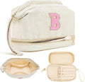 Makeup Bag for Girls Gift, Personalized Christmas Gifts Initial Women Makeup Bag for Travel, Double Layer Cosmetic Bag with Brush Organizer Preppy Make up Bag for Teen Girl Trendy - B