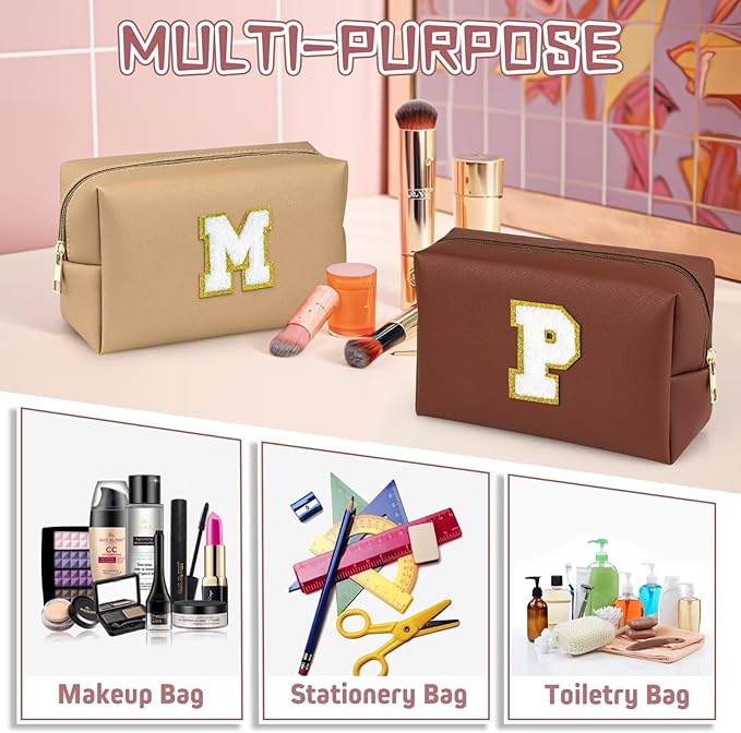 TOPEAST Preppy Stuff Cute Makeup Bag Small Cosmetic Bag Travel Toiletry Bag, Personalized Birthday Wedding Gifts for Mom Teacher Friends Bridesmaids, Preppy Travel Stuff for Girls (Brown N)