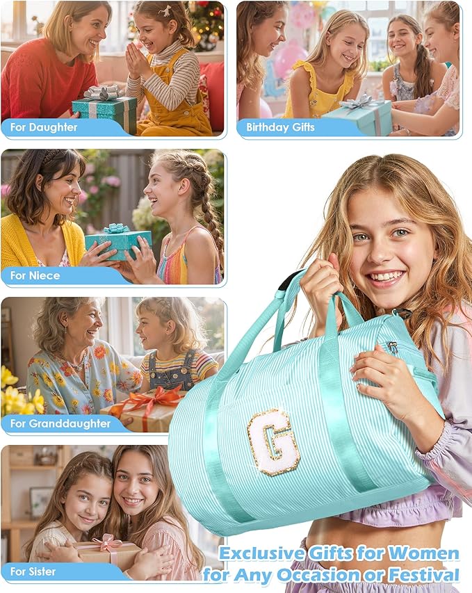 Gift for Cheerleader Girl, Girls Travel Duffle Bag, Kids Initial Overnight Bags with Shoe Compartment, Personalized Weekend Bag with Cosmetic Pouch, Gift for Grandaughter (Letter G)