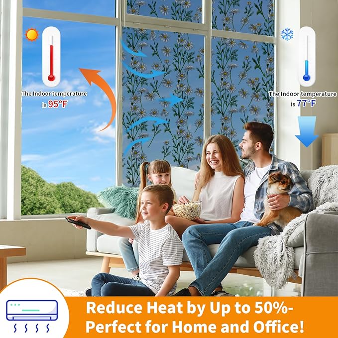 One Way Privacy Film, Window Tint for Home,Daytime Reflective, Anti UV Static Cling Sliding Door Coverings No Glue Garage Solar Paper (Black - Silver-Daisy, 35.4 x 157.4 in)
