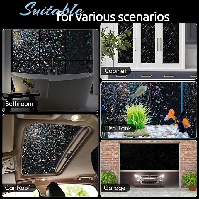rabbitgoo Window Privacy Film Rainbow Film Decorative Window Sticker, 3D Static Stained Glass Cling Tint for Room Darkening Day Sleep, Black, 35.4 x 118.1 inches