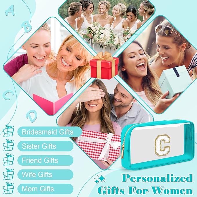 Personalized Initial Letter Clear Makeup Bag,Preppy Small Nylon&PVC Cosmetic Zipper Bag with Chenille Letter,Portable Beach Travel Skincare Toiletry Bag,Trendy Monogram Gift for Teen Girls Women,C