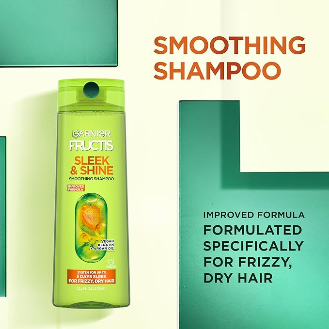 Garnier Fructis Sleek & Shine Shampoo (22 Fl Oz) + Conditioner (21 Fl Oz) Set for Frizzy, Dry Hair, Plant Keratin + Argan Oil (2 Items), 1 Kit (Packaging May Vary)