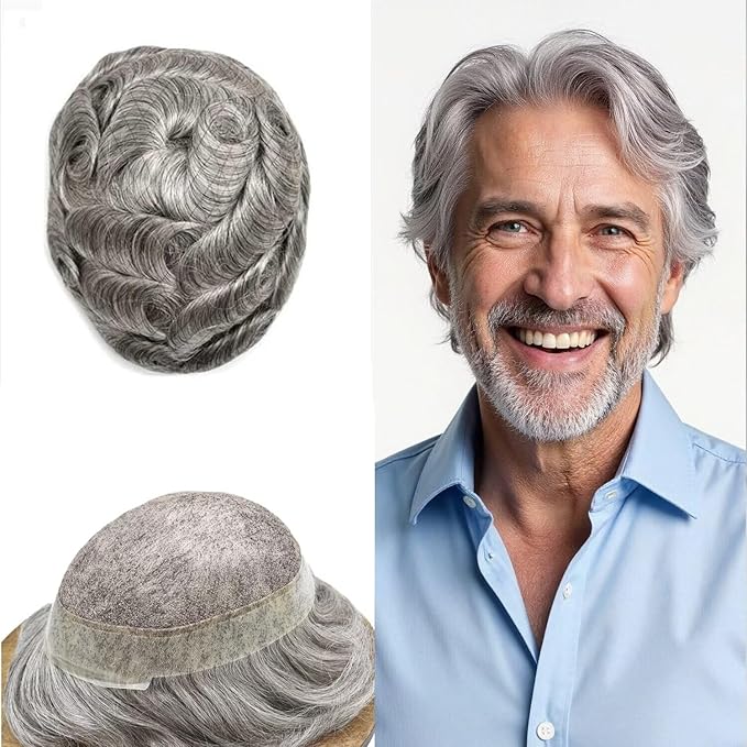 FACE MIRACLE Hair System for Men French Lace Mens Toupee Human Hair Replacement System Lace with PU Toupee for Men Male Hair Piece Wigs 6"X8" #1B80 Off Black with 80% Gray