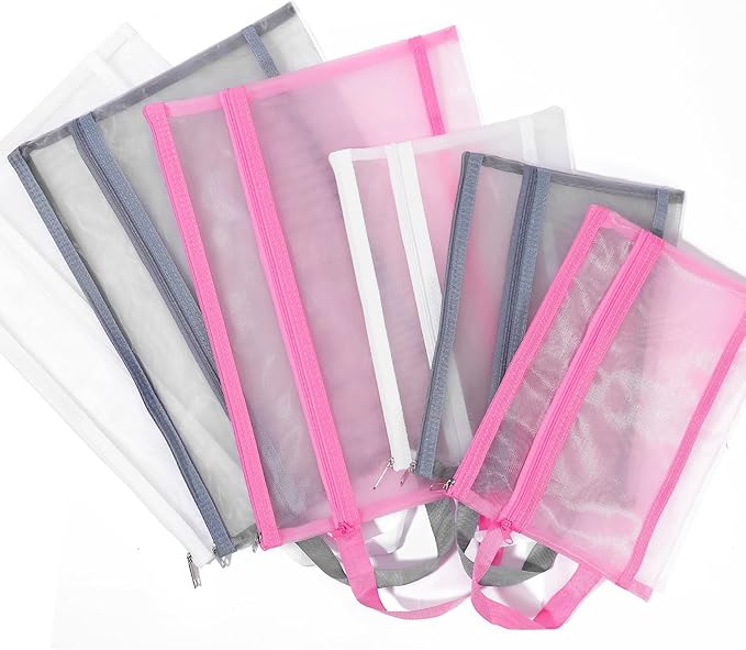 6 Pack Mesh Zipper Pouch Bags, Double Layer Nylon Pouch with Handle for Office Travel Organization (White, A5)