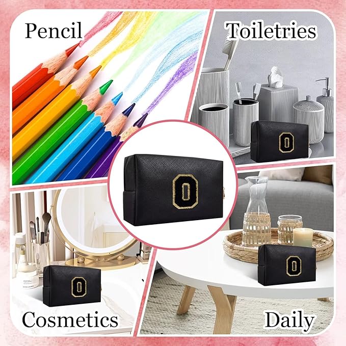 Small Personalized Letter Makeup Bag, Cute PU Leather Chenille Letters Cosmetic Bag Travel Makeup Pouch, Preppy Travel Organizer Zipper Pouch for Women&Girls（Black-O）