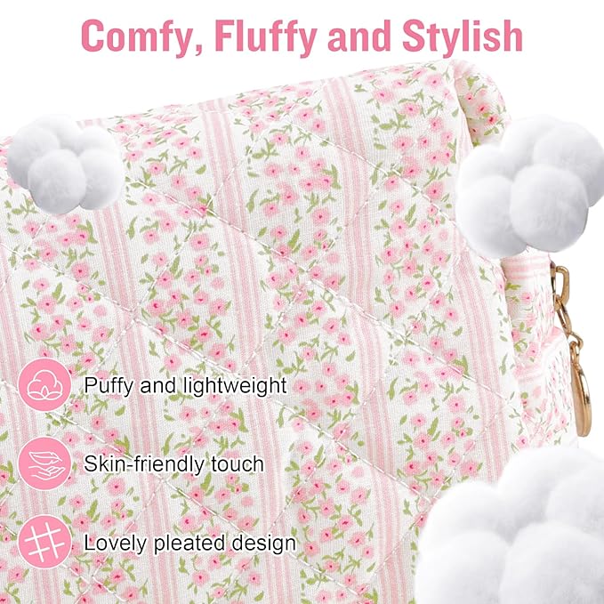 Personalized Quilted Cosmetic Bag, Puffy Monogrammed Christmas Birthday Gifts for Women & Girls, Cute initial Floral Makeup Bag Puffer Coquette Bag, Aesthetic Travel Toiletry Zipper Pouch(Pink,O)