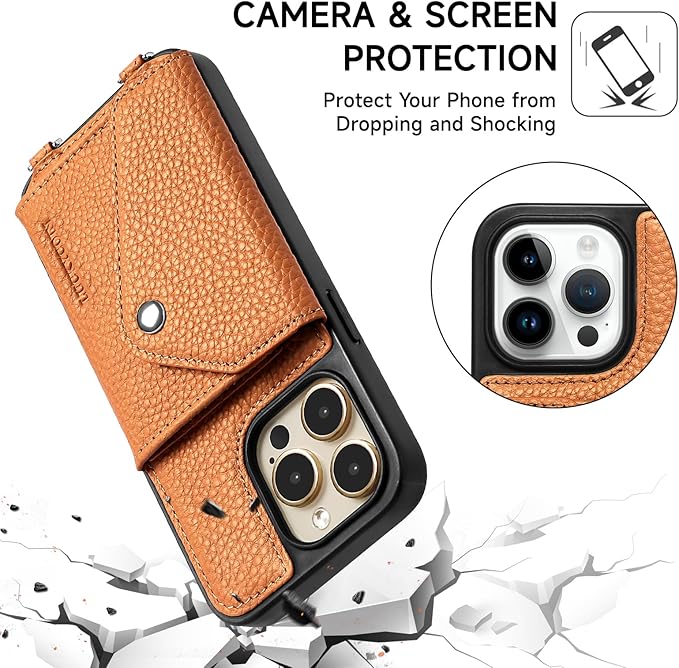 LUCKYCOIN Crossbody Wallet Phone Case for iPhone 14 Pro Max,100% Genuine Leather Wallet Phone Case with Expandable Flip Card Holder,Phone Purse for Women with Adjustable Removable Strap - Pebble Brown