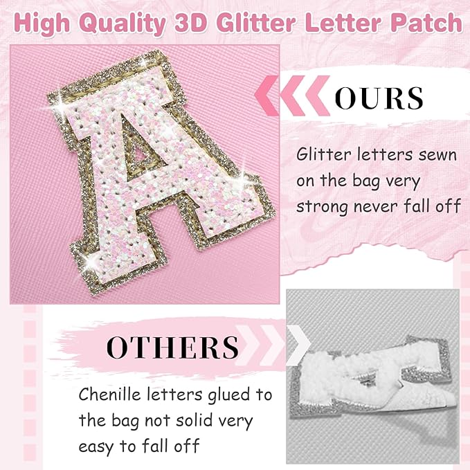 Small Personalized Initial A-Z Patch Makeup Bag,Pink Cute PU Leather Glitter Letter Cosmetic Bag for Teen Girls,Travel Toiletry Bag with Zipper,Preppy Monogrammed Birthday Gift for Daughter Niece D