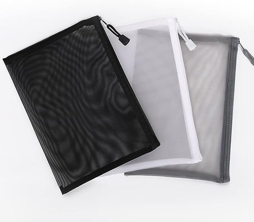 12 Pieces Zipper Nylon Mesh Pouch, Mesh Cosmetic Bags Makeup Bags Pencil Case, Multipurpose Travel Bags for Cosmetic School Office Supplies and Travel Accessories (Black,White,Grey, A5)