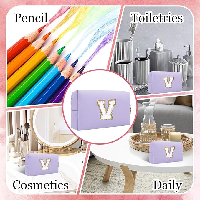 Small Personalized Letter Makeup Bag, Cute PU Leather Chenille Letters Cosmetic Bag Travel Makeup Pouch, Preppy Travel Organizer Zipper Pouch for Women&Girls（Purple-V）