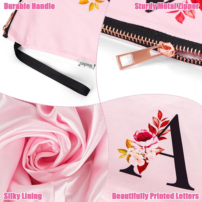 Vavabox A-Z Personalized Makeup Bag, Birthday Gifts for Women Mom, Gifts for Best Friend, Bride Bridesmaid Cosmetic bag (K, Pink)