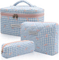 3pc Makeup Bag Set, Quilted Makeup Bag Set, Large Floral Cosmetic Bag for Women, Cute Cotton Makeup Bags, Flower Travel Toiletry Organizer Bag (Blue Plaid Bow)