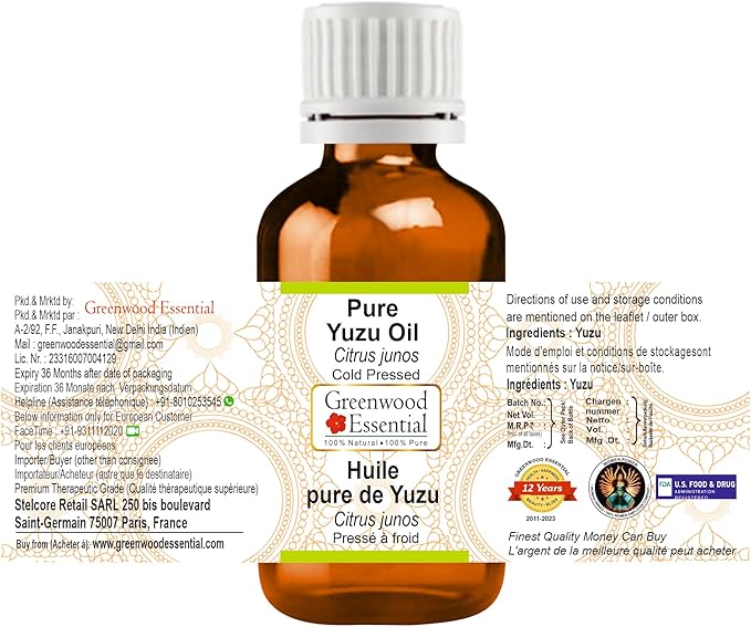 Greenwood Essential Pure Yuzu Oil (Citrus junos) Natural Therapeutic Grade Cold Pressed 2ml (0.06 oz)