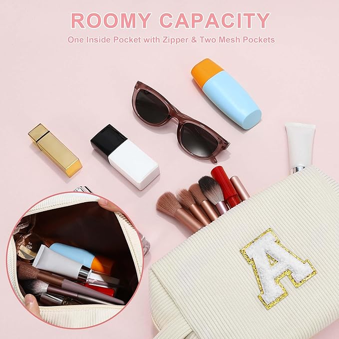 YOOLIFE Cute Initial Travel Makeup Bag - Girls Cosmetic Bag Skincare Bag Make Up Bag Teen Girl Gifts Trendy Stuff Monogram Makeup Bag Sister Daughter Friend Bridesmaid Gifts for Girl Women Letter C