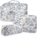 Makeup Bag Set, Quilted Floral Cosmetic Bags for Women, Cute Cotton Makeup Organizer, Travel Toiletry Bag Set (Navy Blue)