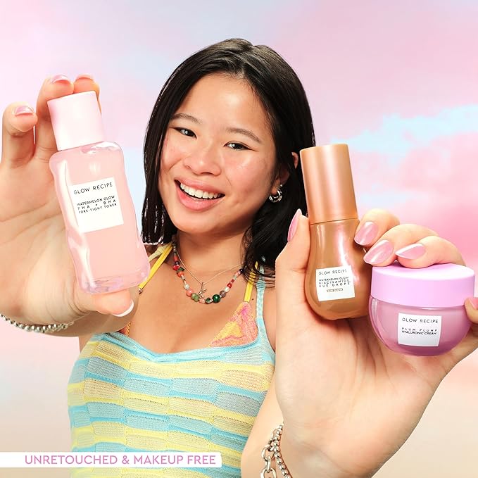 Glow Recipe Get Glowing With Me Kit by Katie Fang - PHA + BHA Face Toner & Gentle Face Exfoliant + Plum Plump Hyaluronic Acid Moisturizer Face Cream + Hue Drops Tinted Serum (3 Count)
