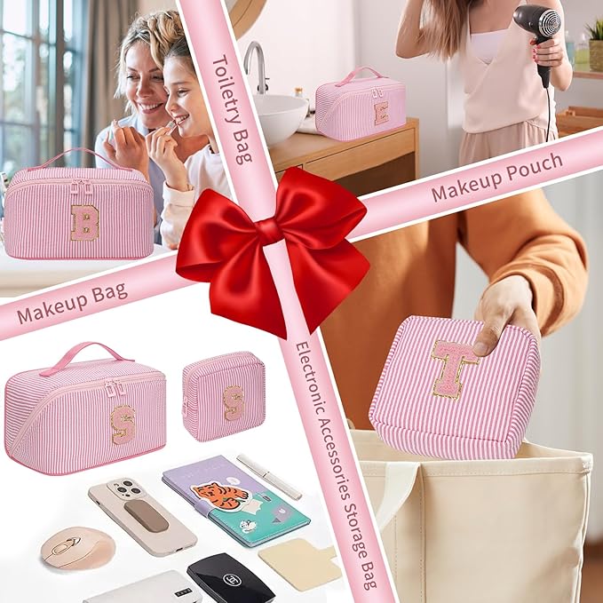 Travel Makeup Bag for Women, 2Pcs Portable Personalized Initial Makeup Organizer Bag, Open Flat Large Cosmetic Bag With Travel Essential Pouch (Pink Letter Q)