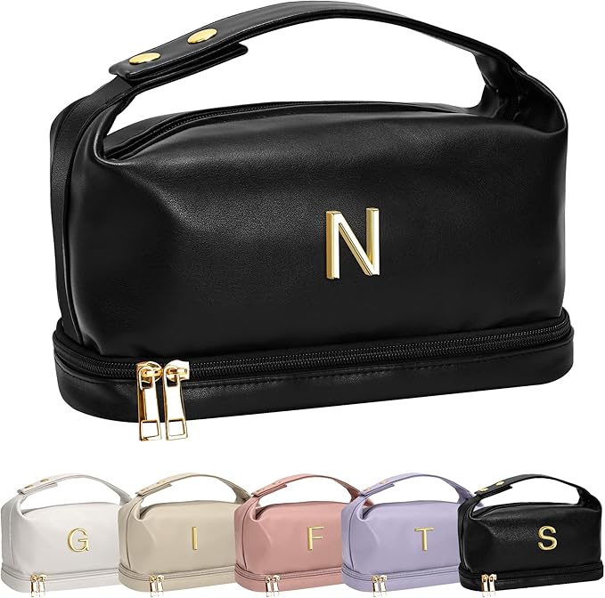 Gifts for Girl, Personalized Makeup Bag with Handle, Initial Double Layer Cosmetic Bag with Makeup Brush Organizer, PU Leather Travel Toiletry Bag, Gifts for Friends Female Mom