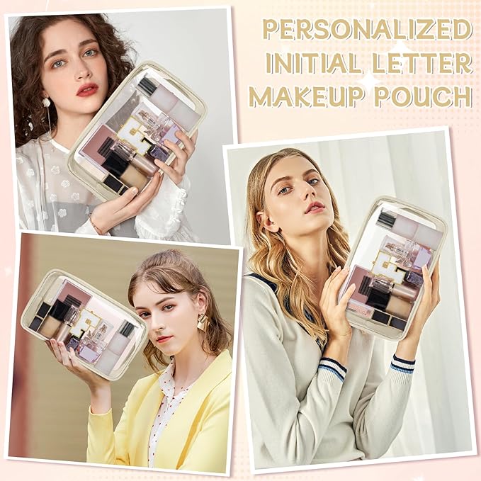 Personalized Initial Clear Makeup Bag, Travel Chenille Patch Cosmetic Bag, Preppy Toiletry Bag Monogram Cosmetic Pouch with Zipper, Ideal Gift for Teen Girls Women (Clear-Beige, F)