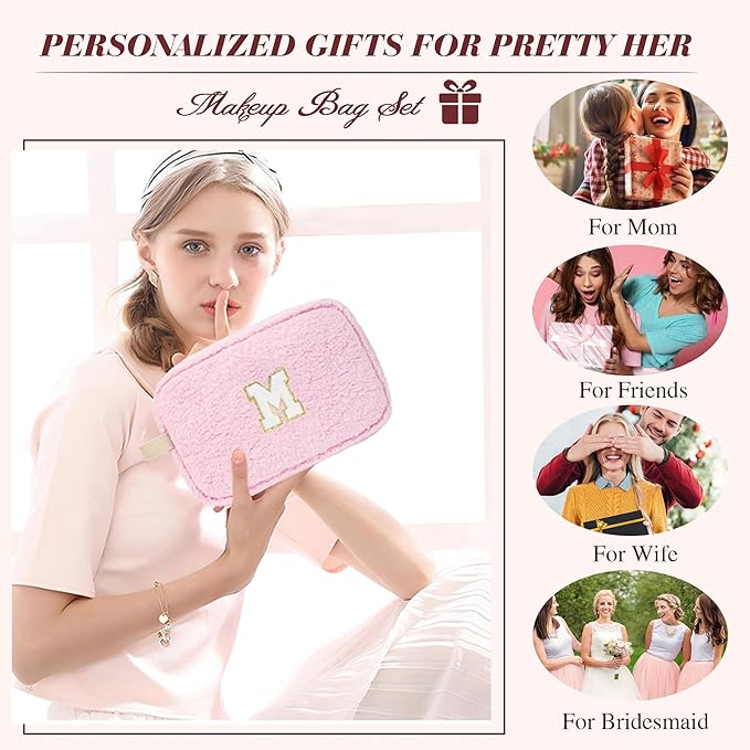 2PCS Makeup Bag with Initials, Christmas Day Gifts for Teen Girls Trendy Stuff, Personalized Cosmetic Travel Bag Pouch for Granddaughter, Cute Plush Make up Bags for Birthday - Pink O