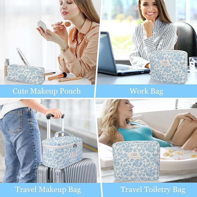 3pc Makeup Bag Set, Quilted Makeup Bag Set, Large Floral Cosmetic Bag for Women, Cute Cotton Makeup Bags, Flower Travel Toiletry Organizer Bag (Rabbit Print)