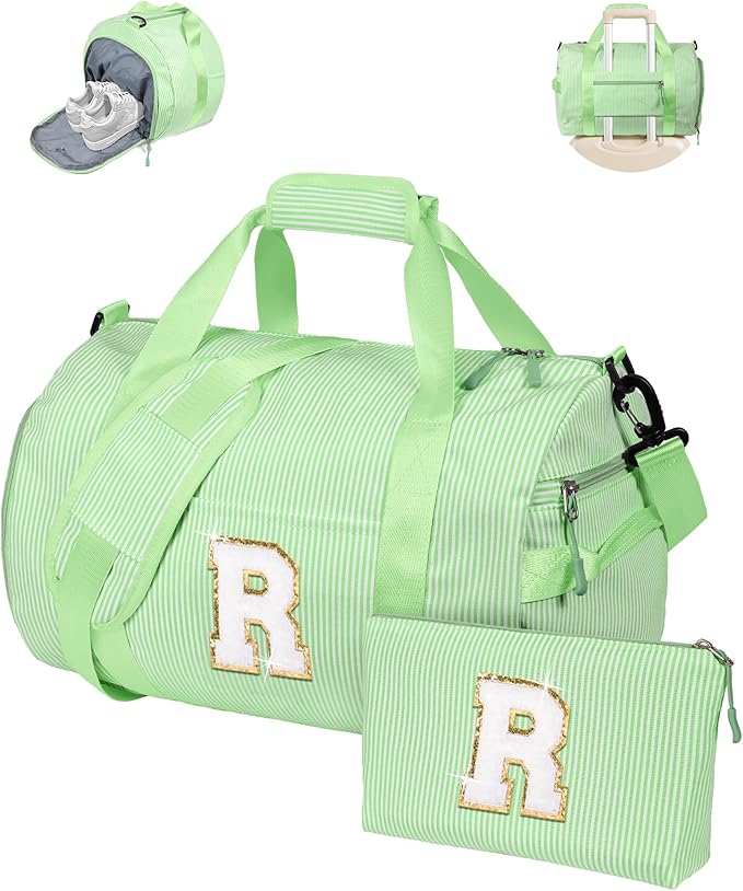 Birthday Gift for Her, Girls Travel Duffle Bag, Kids Initial Overnight Bags with Shoe Compartment, Personalized Weekend Bag with Makeup Pouch, Dorm Room Essentials (Letter R)